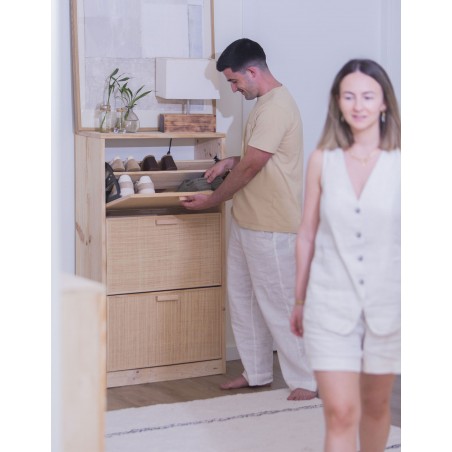 Meuble à chaussures en raphia et en bois naturel AURA – 3 abattants
