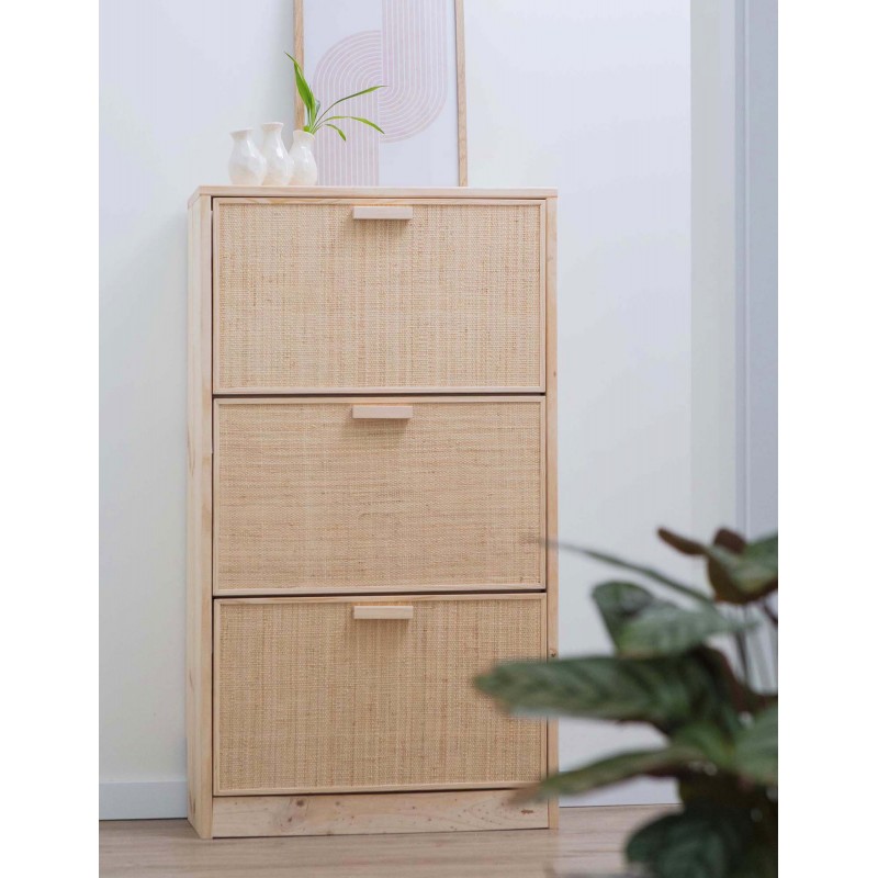 Meuble à chaussures en raphia et en bois naturel AURA – 3 abattants