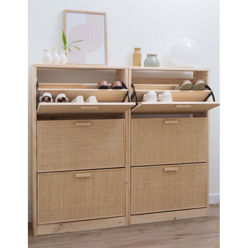 Meuble à chaussures en raphia et en bois naturel AURA – 3 abattants