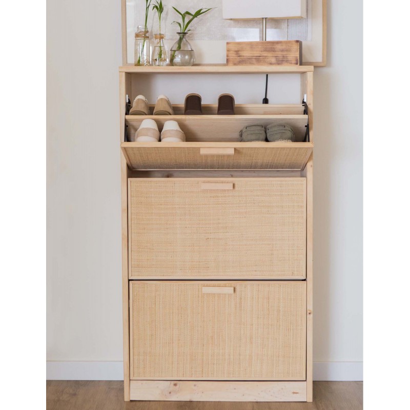 Meuble à chaussures en raphia et en bois naturel AURA – 3 abattants