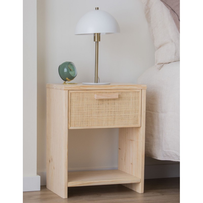 Table de chevet en raphia et en bois naturel AURA