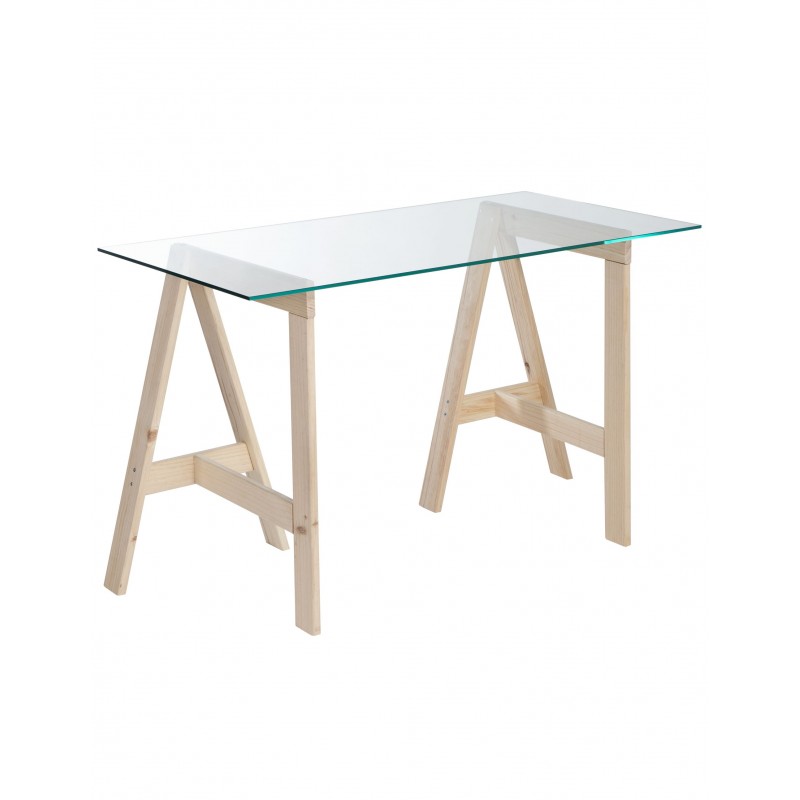 Bureau en verre GLAM avec plateau en verre 120×60 cm et pieds en bois