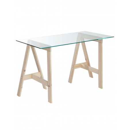 Bureau en verre GLAM avec plateau en verre 120×60 cm et pieds en bois