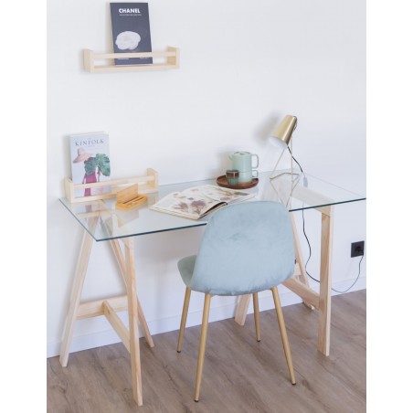 Bureau en verre GLAM avec plateau en verre 120×60 cm et pieds en bois