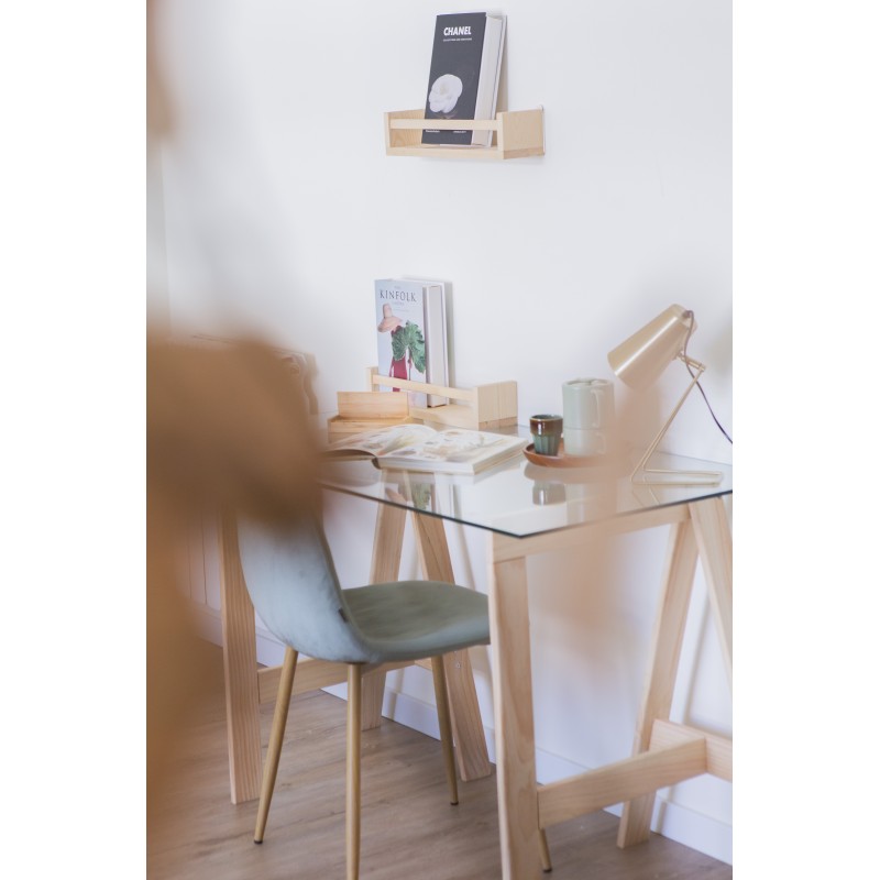 Bureau en verre GLAM avec plateau en verre 120×60 cm et pieds en bois