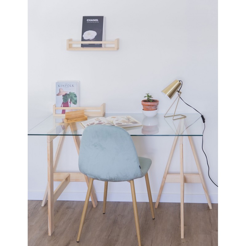 Bureau en verre GLAM avec plateau en verre 120×60 cm et pieds en bois
