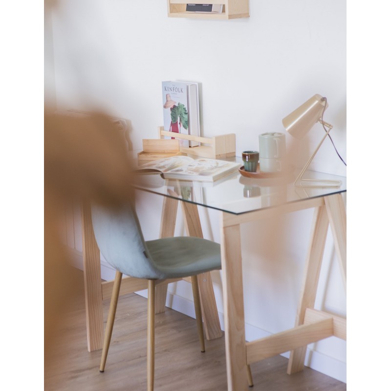 Bureau en verre GLAM avec plateau en verre 120×60 cm et pieds en bois