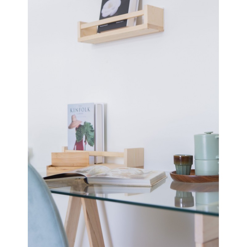 Bureau en verre GLAM avec plateau en verre 120×60 cm et pieds en bois