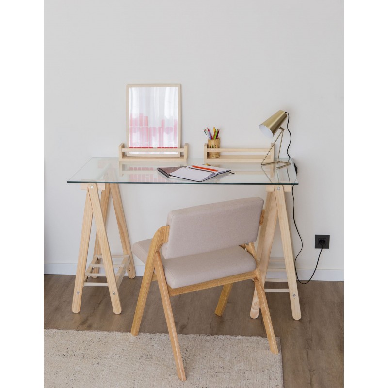 Bureau ANCORA avec plateau en verre 120×60 cm et pieds en bois et textile