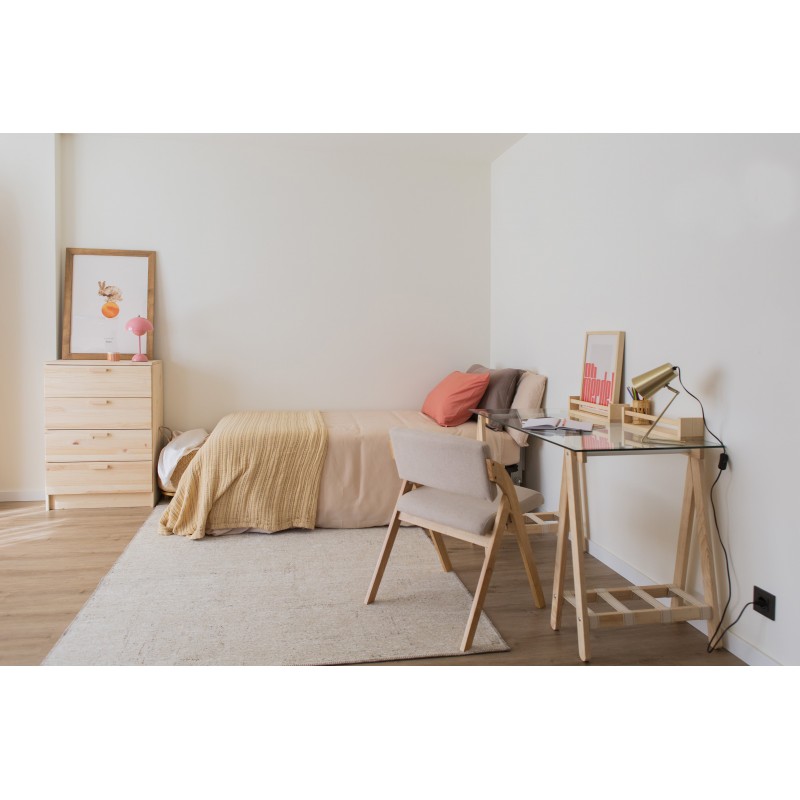 Bureau ANCORA avec plateau en verre 120×60 cm et pieds en bois et textile