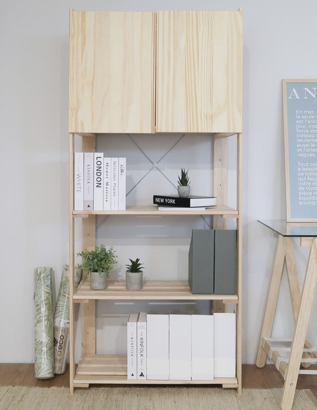 Étagère à 5 tablettes avec petite armoire en bois NOVA, 174,5 x 76,5 x 38,5 cm