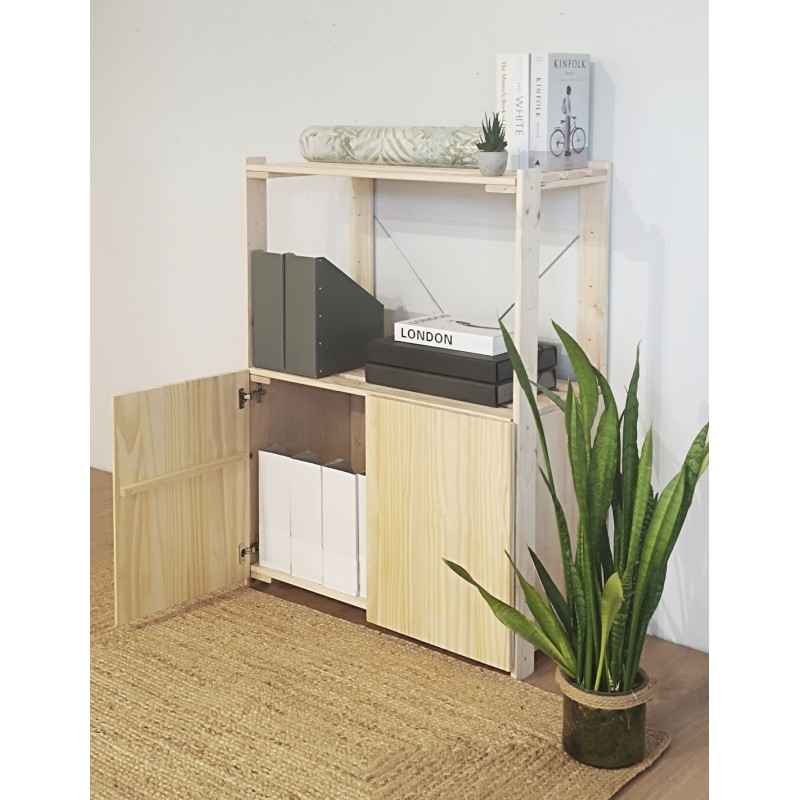 Étagère à 3 tablettes avec petite armoire en bois NOVA, 110 x 76,5 x 38,5 cm