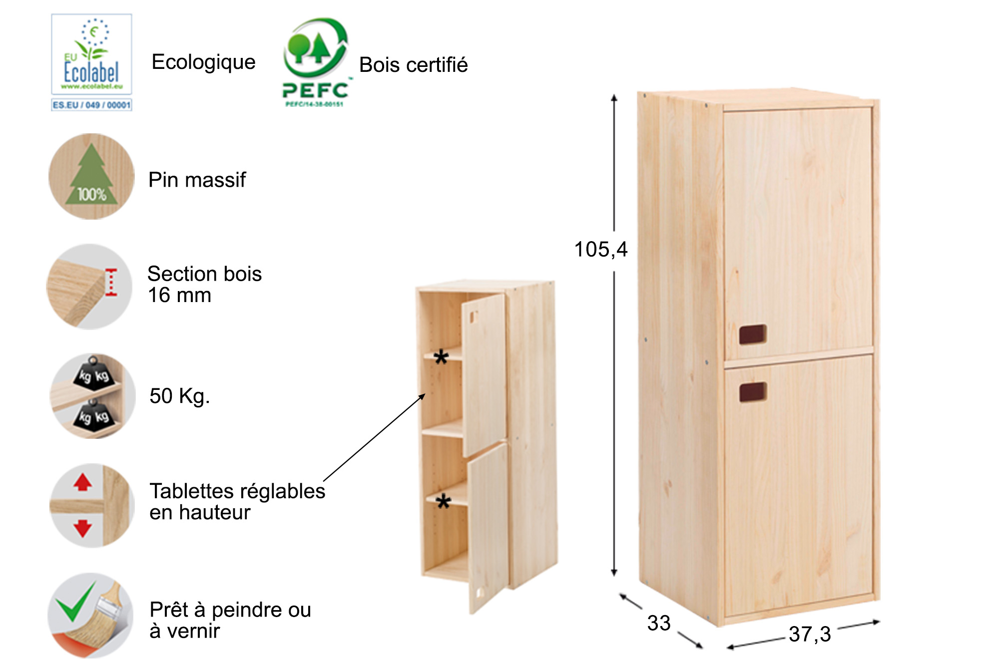 Armoire de rangement verticale en pin Dinamic 2 portes et 4 tablettes