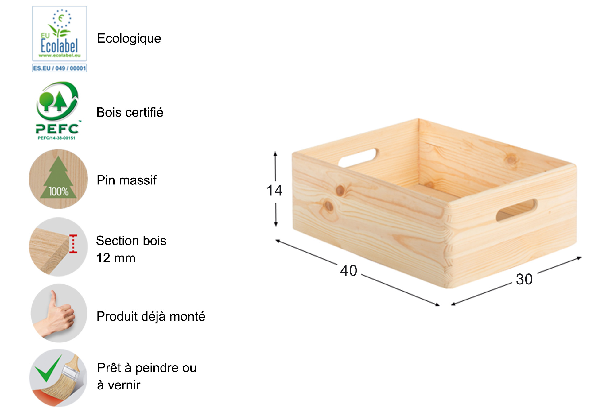 Boîte en pin sans couvercle 14x30x40 - Astideco